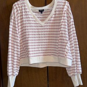 Originality Cream and Dusty Pink Striped V-Neck long sleeve
